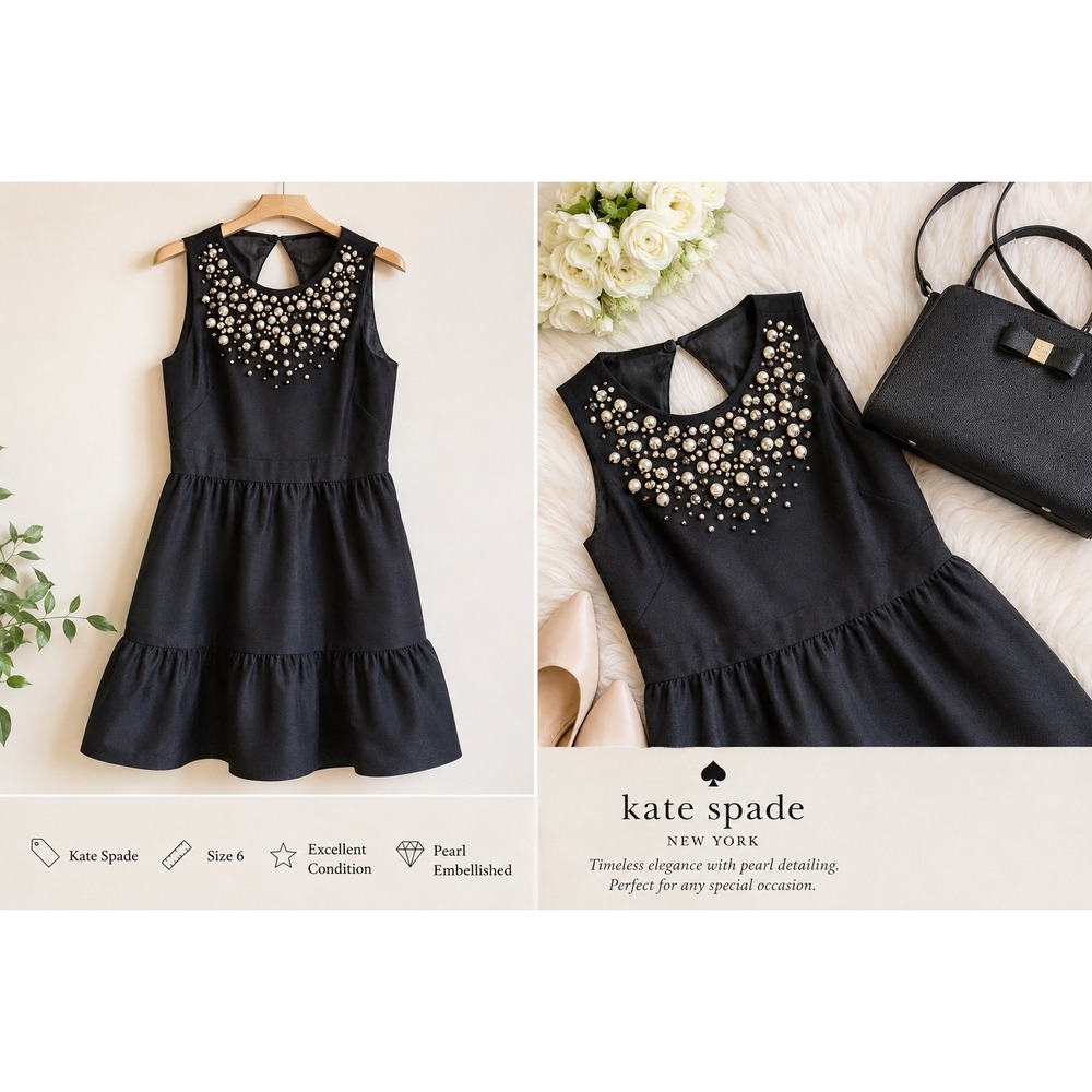 Kate Spade Pearl Embellished Mikado Dress Black Sleeveless Ruffle Hem Size 6 NWT